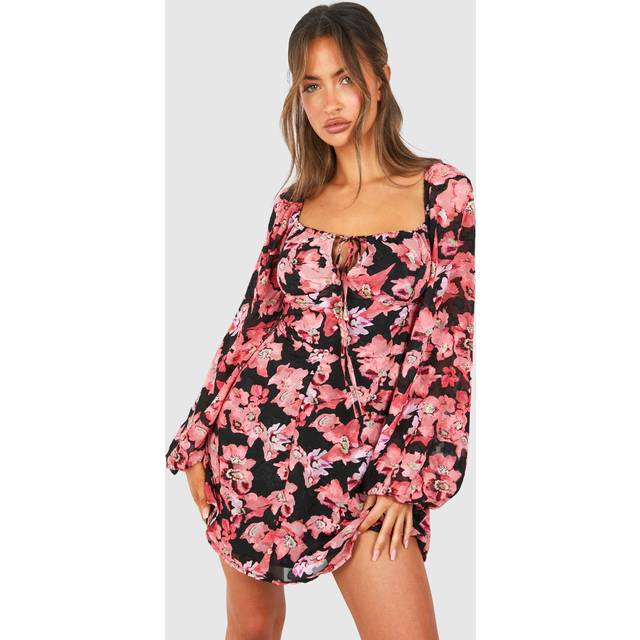 Womens Textured Floral Balloon Sleeve Milkmaid Mini Dress - Pink - 16