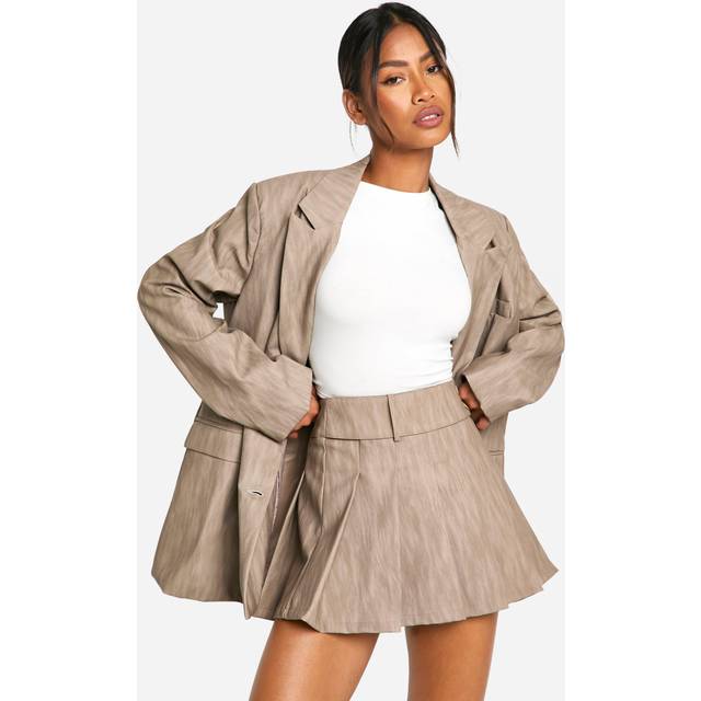 Womens Washed Pu Pleated Mini Skirt - Beige - 14