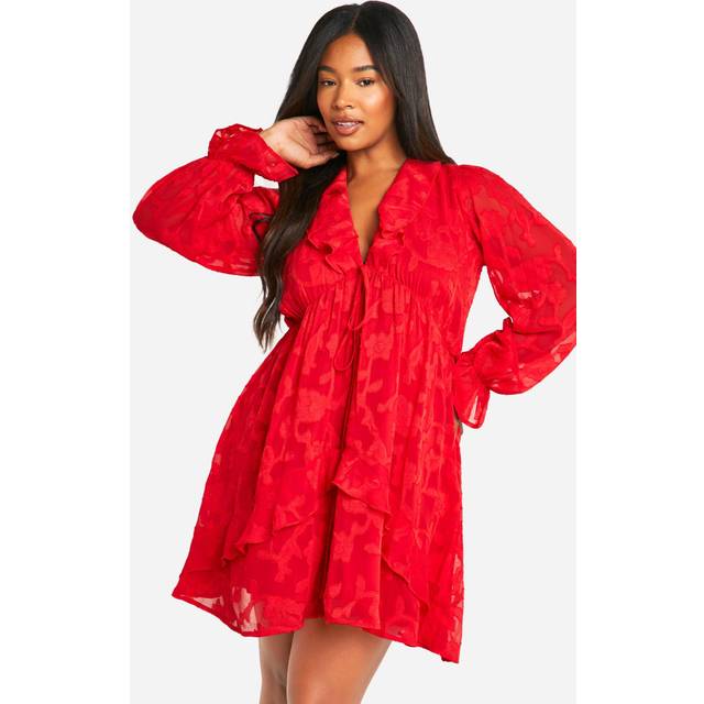 Womens Plus Burnout Ruffle Smock Dress - Red - 28, Red