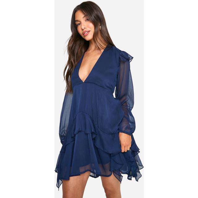 Womens Crinkle Chiffon Ruffle Smock Dress - Navy - 16, Navy