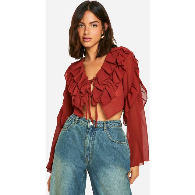 Womens Chiffon Ruffle Tie Crop Blouse - Orange - 6