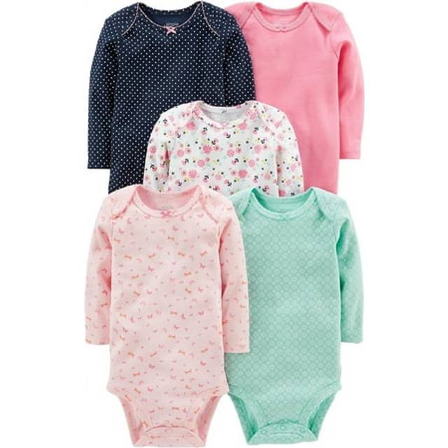 Baby Girls' Long-Sleeve Bodysuit, Pack of 5, Mint Green/Navy Dots/Pink/Butterflies/Floral, 0-3 Months