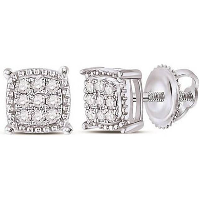GND 114045 0.1 CTW 10KT White Gold Mens Round Diamond Square Milgrain Cluster Earrings