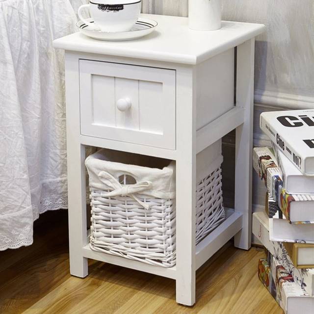 2 Tiers Wood Nightstand with 1 Drawer and 1 Baskets for Home-White