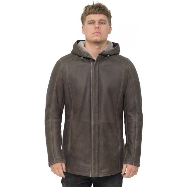 Infinity Leather Mens Sheepskin Hooded Parka Coat-Alafaya - Brown material_Sheepskin - Size Large