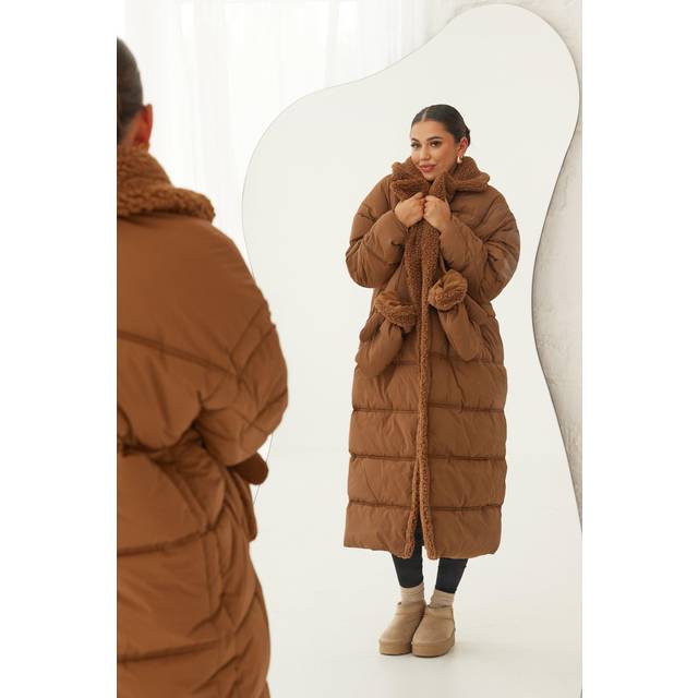 Womens Teddy Trim Puffer Coat With Teddy Mittens - Orange - 12, Orange