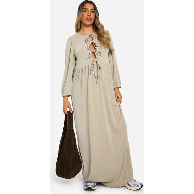 Womens Maternity Textured Rib Tie Front Smock Frill Hem Long Sleeve Maxi Dress - Beige - 14, Beige