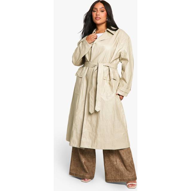 Womens Plus Vintage Look Faux Leather Trench Coat - Beige - 18, Beige