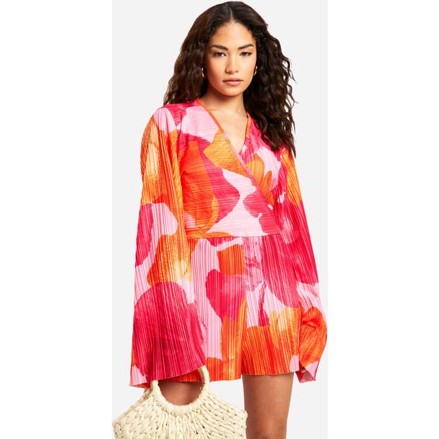 Womens Petite Plisse Floral Printed Flare Sleeve Playsuit - Pink - 16, Pink