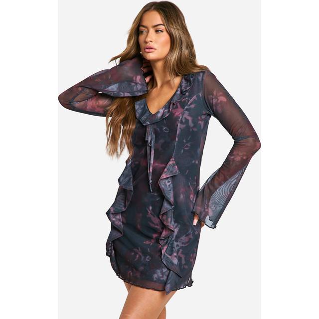 Womens Blur Floral Mesh Flare Sleeve Mini Dress - Multi - 8, Multi
