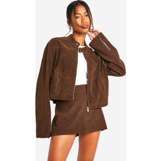 Womens Vintage Suede Look Zip Up Jacket - Brown - 12, Brown