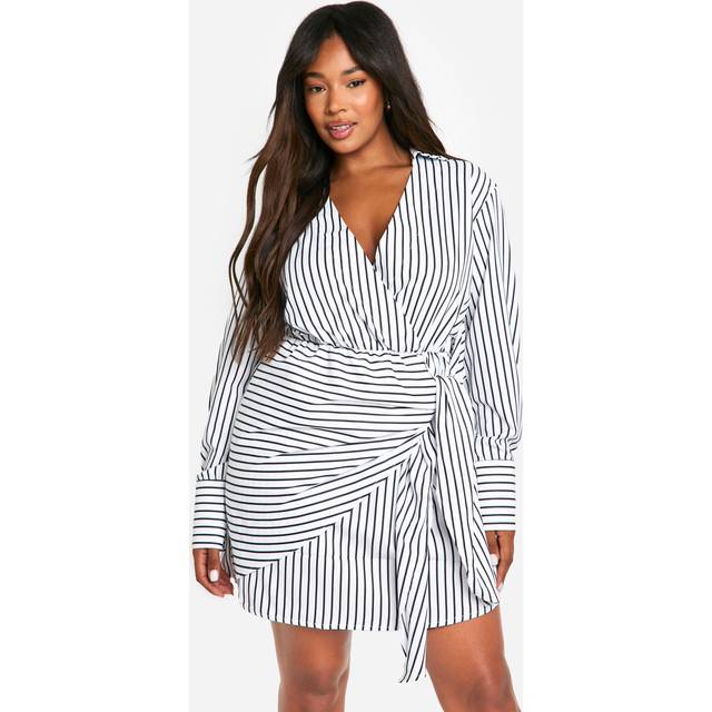 Womens Plus Woven Stripe Wrap Shirt Dress - White - 28