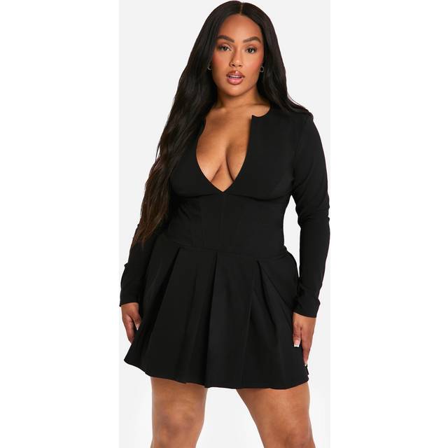 Womens Plus Long Sleeve Corset Detail Plunge Pleated Hem Dress - Black - 24