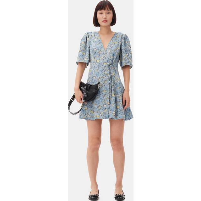 Ganni, Klänning, Dam, M, Polyester, Blå klänning med V-ringning och korta ärmar - blue (M)