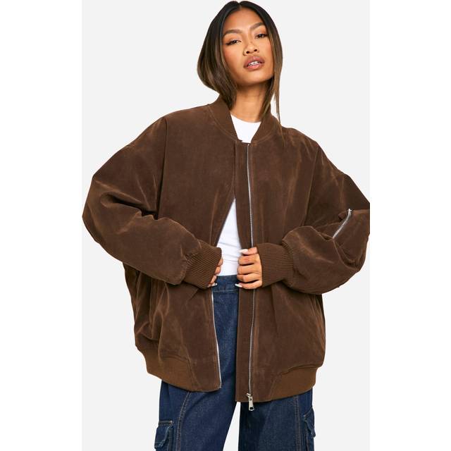 Womens Vintage Suede Look Oversized Bomber Jacket - Brown - 12