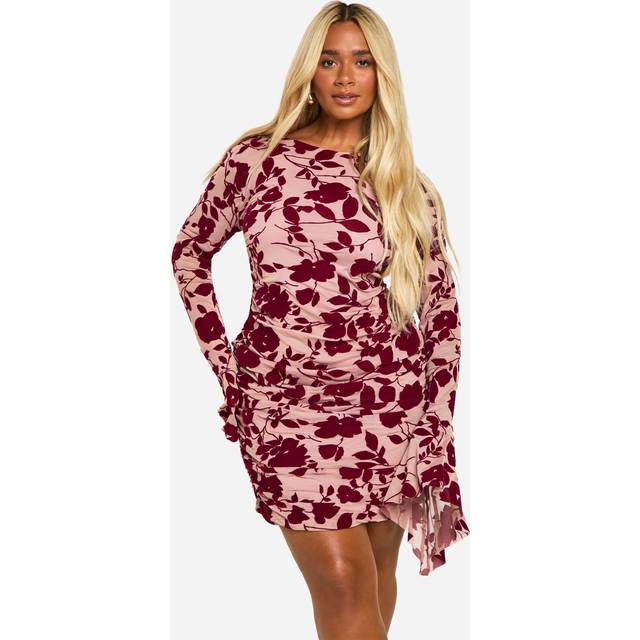 Womens Plus Devore Ruched Flare Sleeve Shift Dress - Purple - 26, Purple