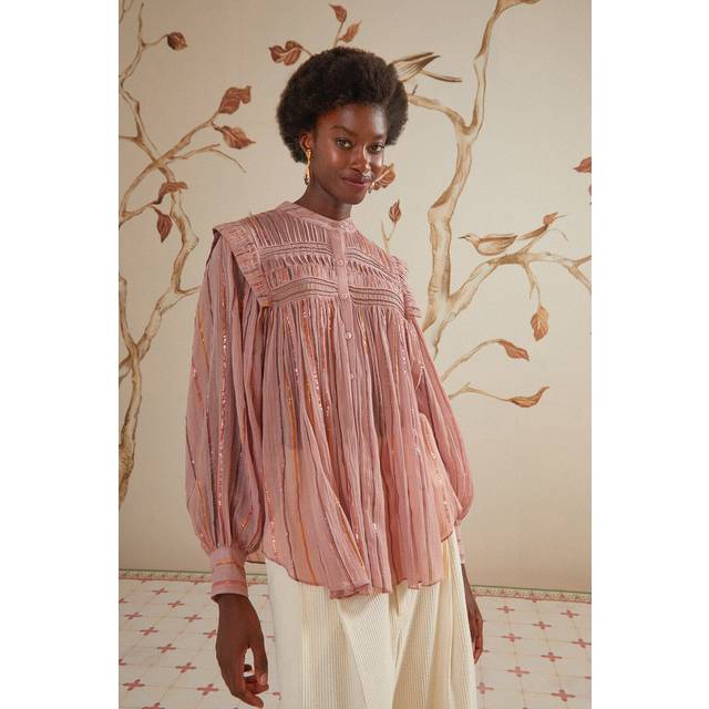 Light Pink Pleated Yoke Long Sleeve Blouse, PINK / S