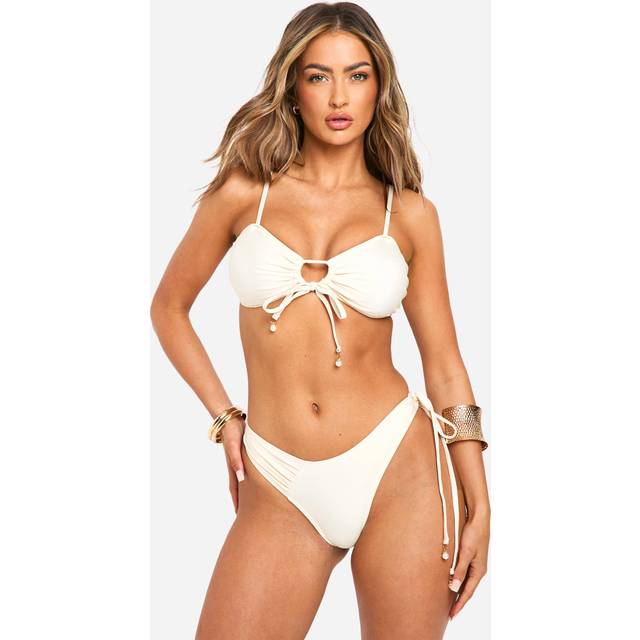 Womens Pearl Trim Tie Front Bandeau Bikini Top & Tie Side Bikini Bottoms Set - White - 12, White