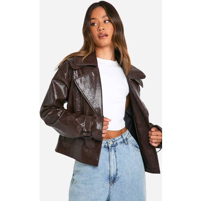 Womens Tall Croc Faux Leather Cropped Trench Coat - Red - 8, Red