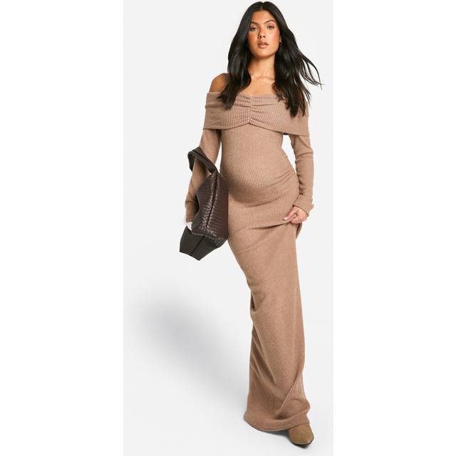 Womens Maternity Soft Rib Off Shoulder Column Maxi Dress - Beige - 14, Beige