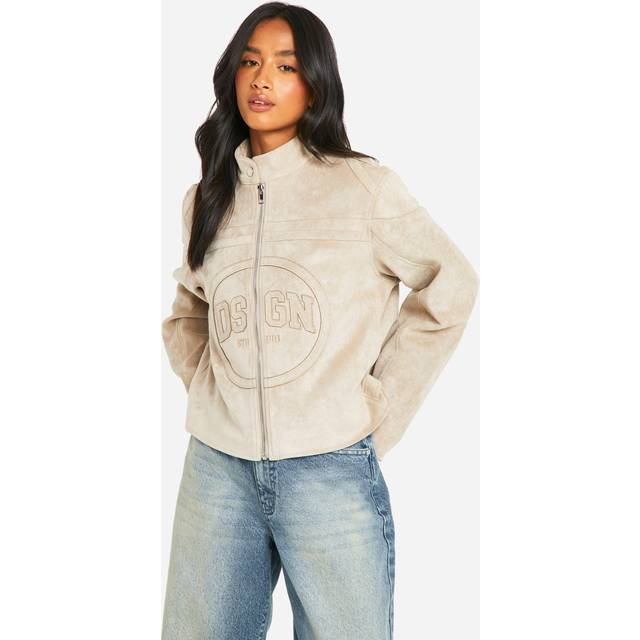 Womens Petite Embossed Faux Suede Moto Jacket - Beige - 14, Beige