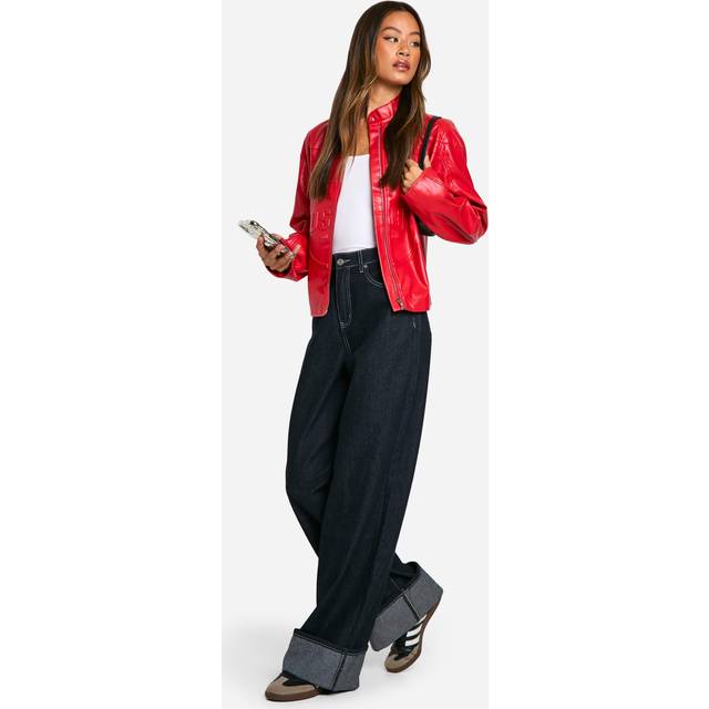 Womens Tall Embossed Faux Leather Moto Jacket - Red - 16, Red