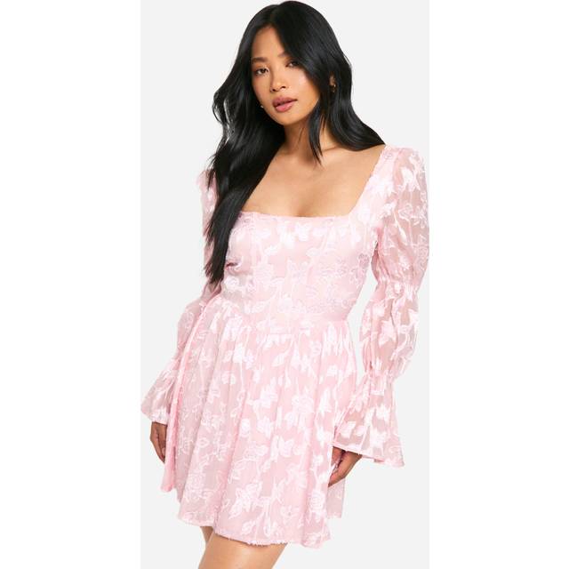 Womens Petite Volume Sleeve Burnout Skater Dress - Pink - 14, Pink