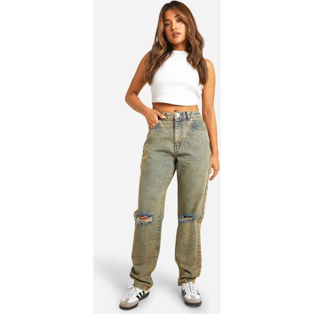Womens Petite Basics High Waisted Straight Leg Ripped Knee Jeans - Beige - 8, Beige