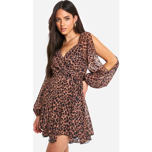 Womens Leopard Chiffon Lace Back Puff Sleeve Wrap Skater Dress - Brown - 12