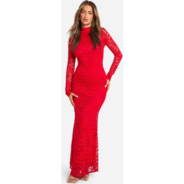Womens Lace Open Back Maxi Dress - Red - 16