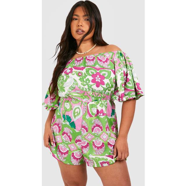 Womens Plus Woven Floral Bardot Playsuit - Green - 28