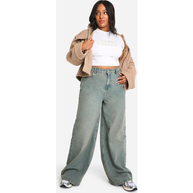 Womens Plus Varsity Athletic Self Fabric Distressed Applique Denim Wide Leg Jean - Blue - 16, Blue