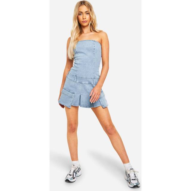 Womens Pocket And Belt Detail Bandeau Denim Mini Dress - Blue - 14, Blue