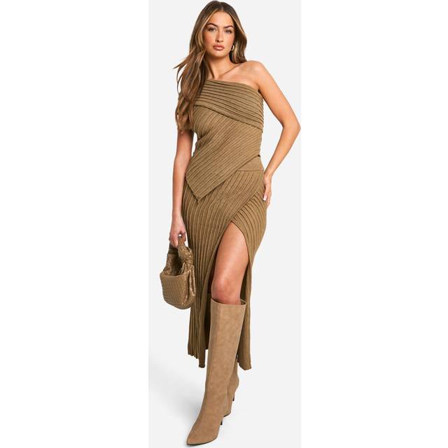 Womens Premium Knitted Rib Split Front Maxi Skirt - Brown - S, Brown