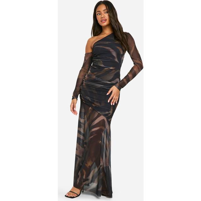 Womens Printed Mesh Asymmetric Long Sleeve Maxi Dress - Brown - 18