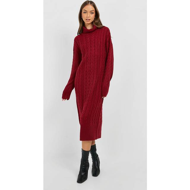 Womens Cable Knit Roll Neck Midi Dress - Red - S, Red