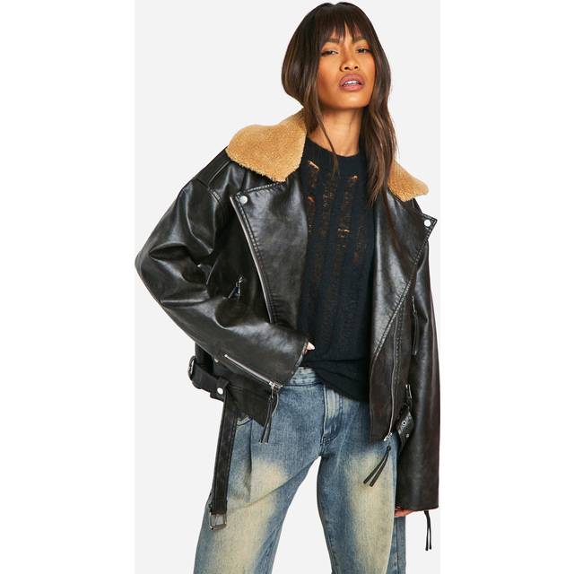 Womens Borg Collar Vintage Look Faux Leather Jacket - Black - 8