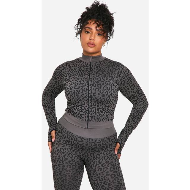 Womens Plus Leopard Print Seamless Zip Through Jacket - Grey - 20-22, Grey
