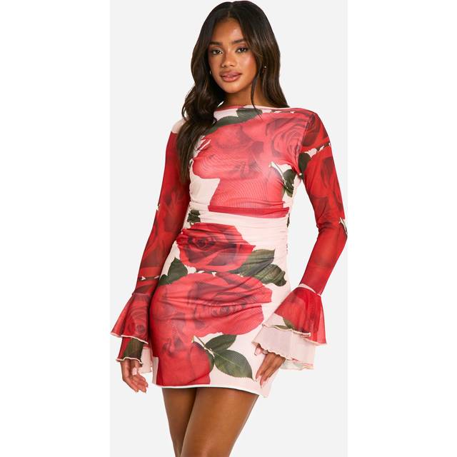 Womens Slash Neck Rose Mesh Print Flare Sleeve Mini Dress - Red - 16, Red