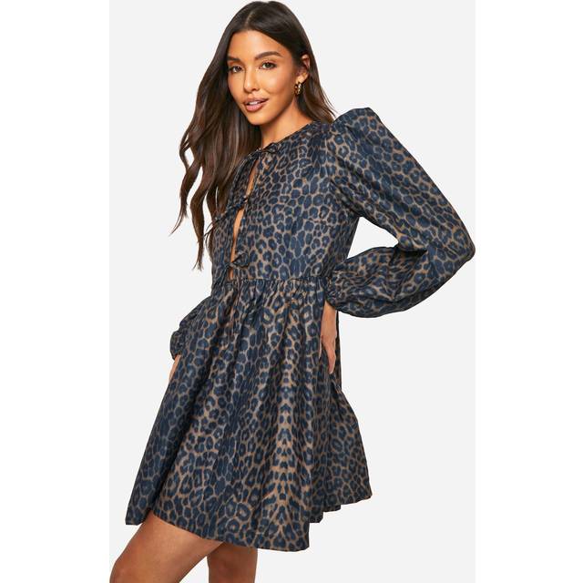 Womens Leopard Tie Front Long Sleeve Smock Dress - Brown - 8, Brown