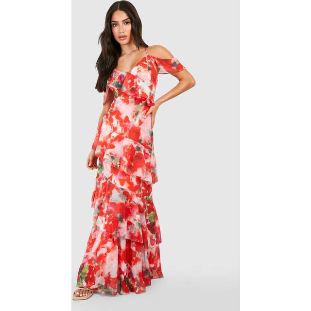 Womens Petite Chiffon Tiered Ruffle Floral Maxi Dress - Pink - 8, Pink