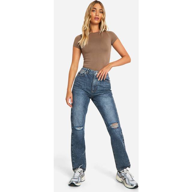 Womens Basics High Waisted Straight Leg Ripped Knee Jeans - Blue - 6