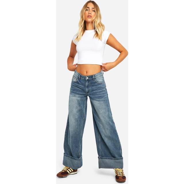 Womens Turn Up Cuff Wide Leg Jeans - Blue - 14