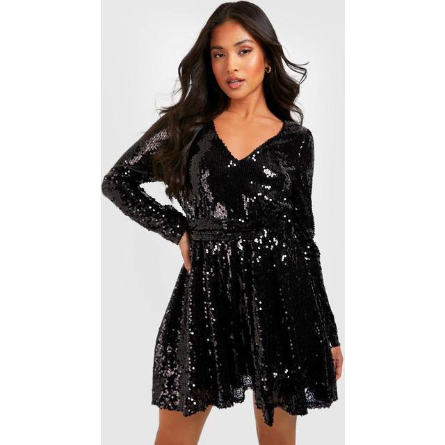 Womens Petite Sequin Wrap Belted Skater Dress - Black - 10, Black