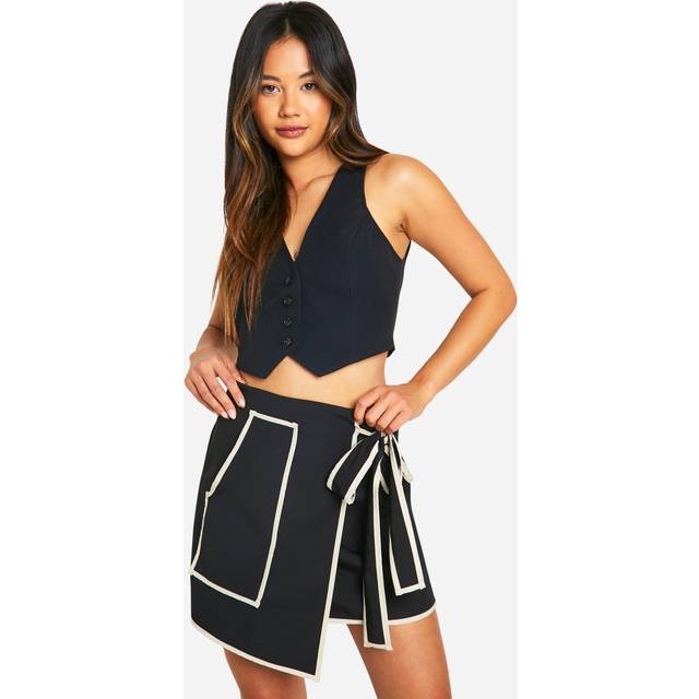 Womens Contrast Trim Wrap Mini Skirt - Black - 12, Black