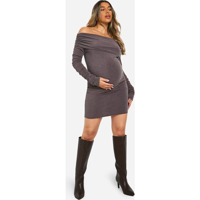 Womens Maternity 2 Tone Rib Bardot Ruched Detail Long Sleeve Mini Dress - Brown - 16, Brown