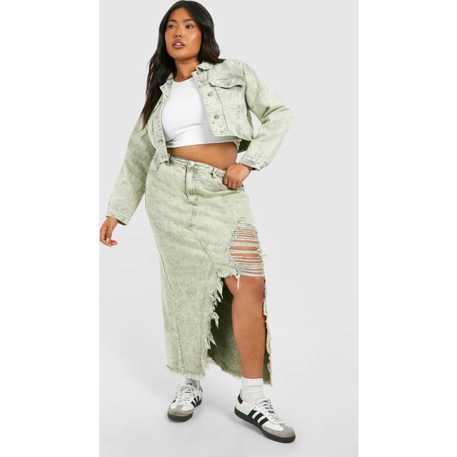 Womens Plus Washed Khaki Acid Wash Distressed Denim Maxi Skirt - Grey - 20