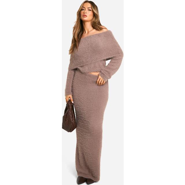 Womens Fluffy Knitted Maxi Skirt - Brown - M, Brown