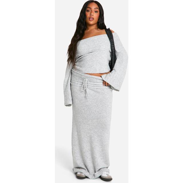 Womens Plus Rib Edge Lace Up Knitted Maxi Skirt - Grey - 16-18