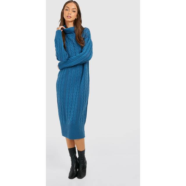 Womens Cable Knit Roll Neck Midi Dress - Green - S, Green